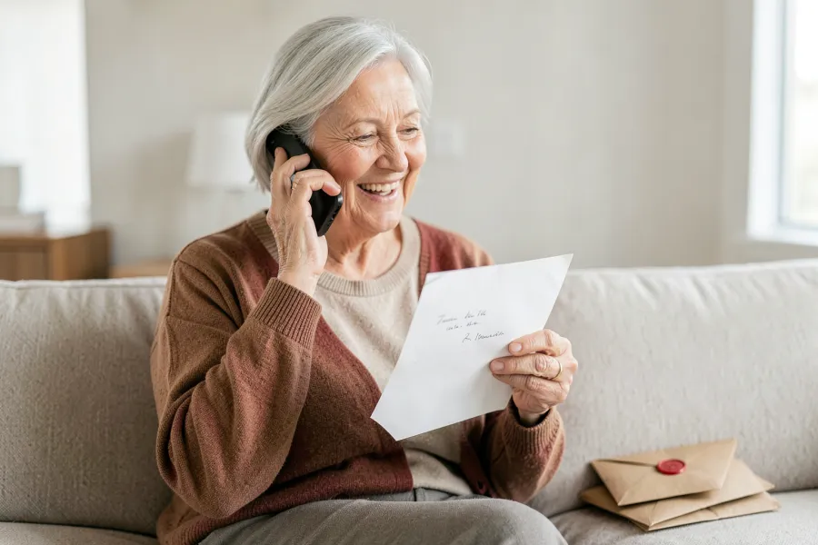 Babcia rozmawia przez telefon i śmieje się nad listem