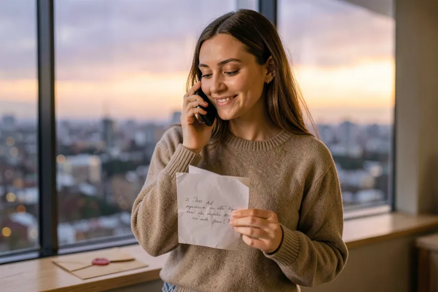 Kobieta przy oknie rozmawia przez telefon i czyta list