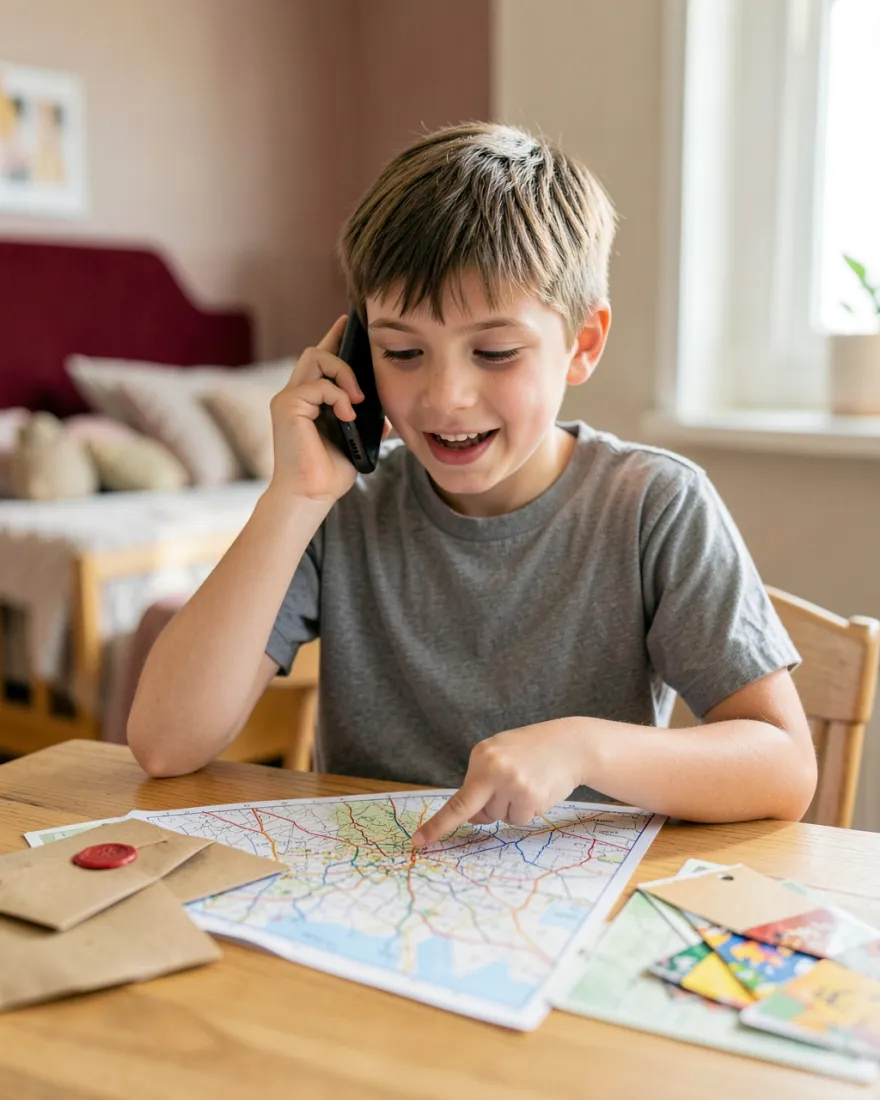 Wnuk rozmawia przez telefon i pokazuje mapę na biurku